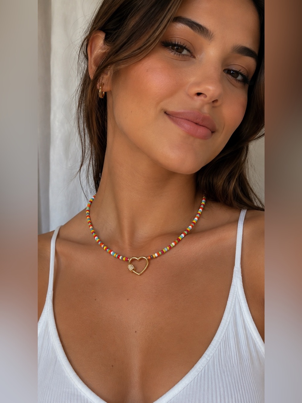 Roxanne Assoulin Multicolor Seed-Bead Necklace with Rhinestones Gold Heart. NEW